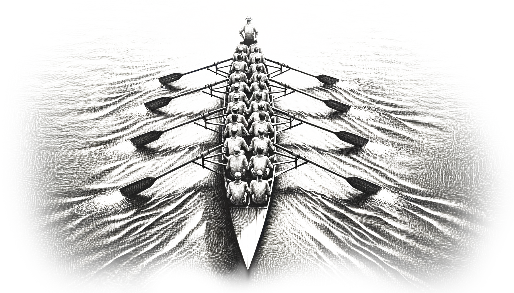 A rowing crew moving in perfect synchronization, viewed from behind