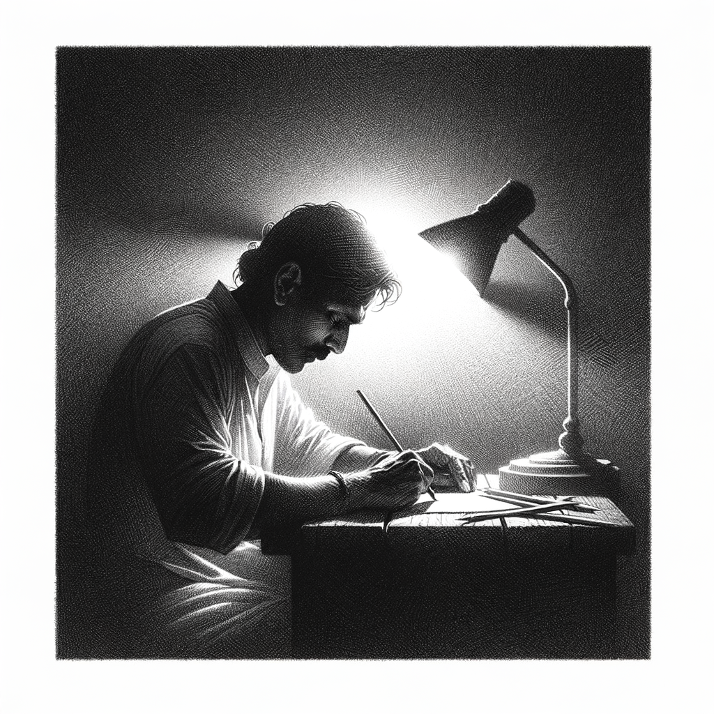 A person writing alone by lamplight