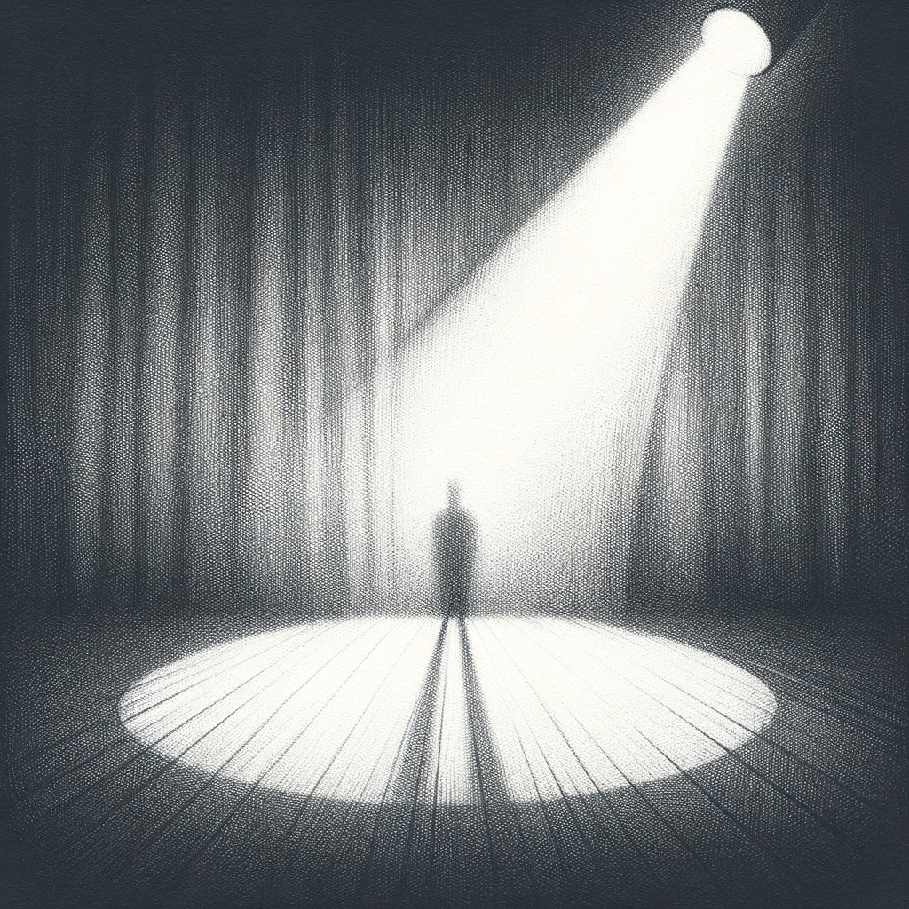 A spotlight on an empty stage, a shadow just outside the light